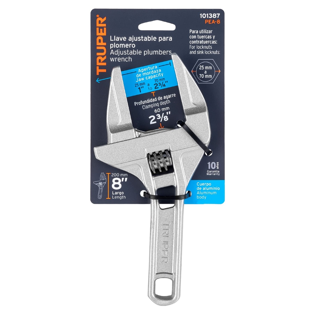 Llave ajustable 8" para plomero - TRUPER
