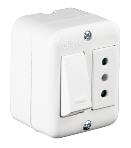 [OLOP6353] Interruptor sobrepuesto 9/12 16A + tomacorriente blanco 10A - MEC